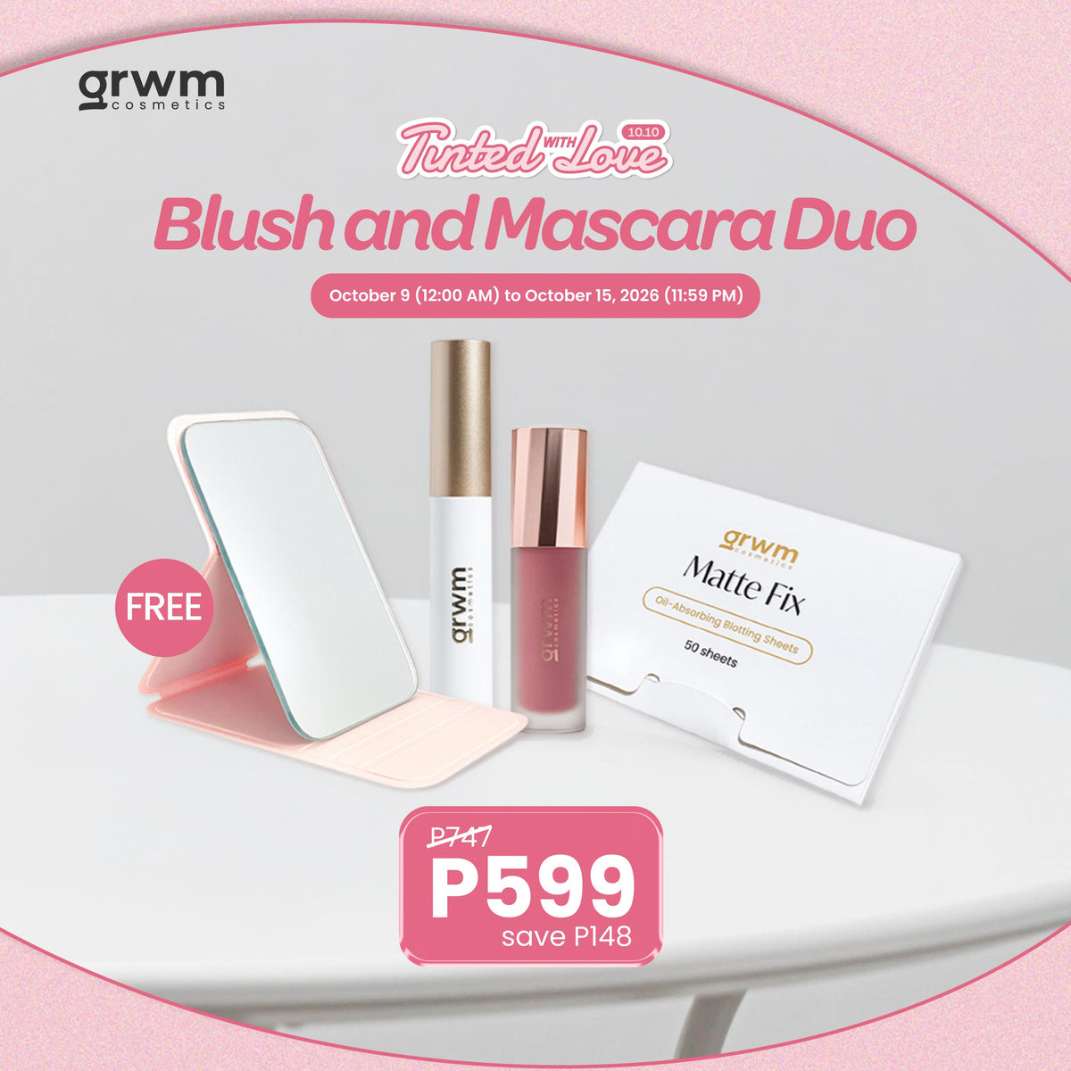 GRWM Cosmetics Blush and Mascara Duo - Mini Milk Tint + Lash Revolution + Matte Fix Blotting Sheet