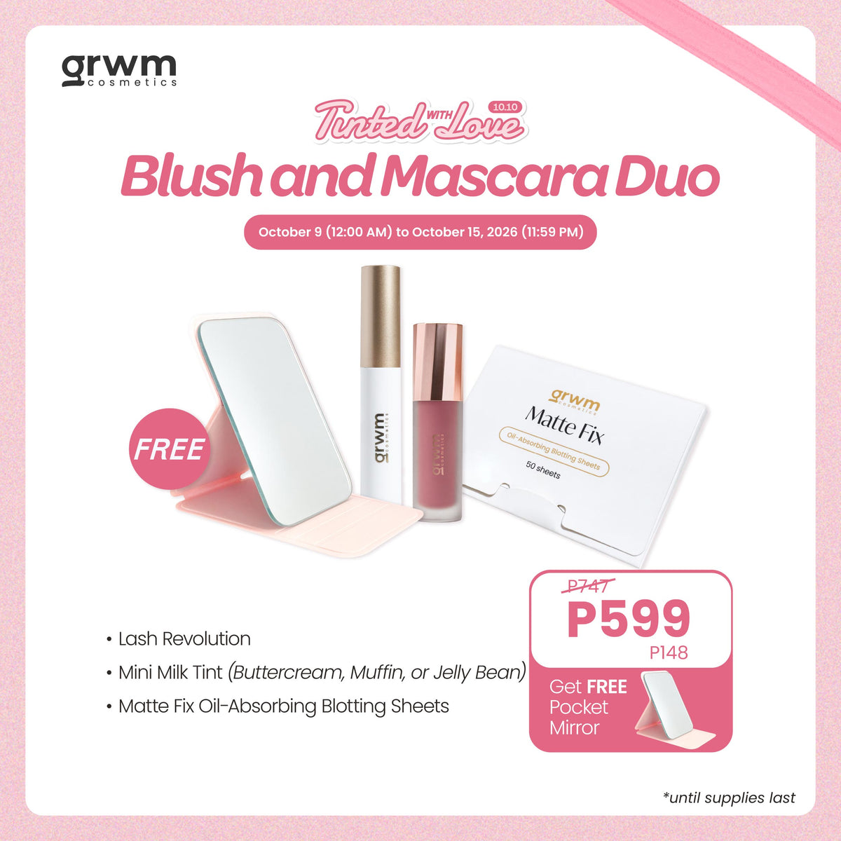 GRWM Cosmetics Blush and Mascara Duo - Mini Milk Tint + Lash Revolution + Matte Fix Blotting Sheet