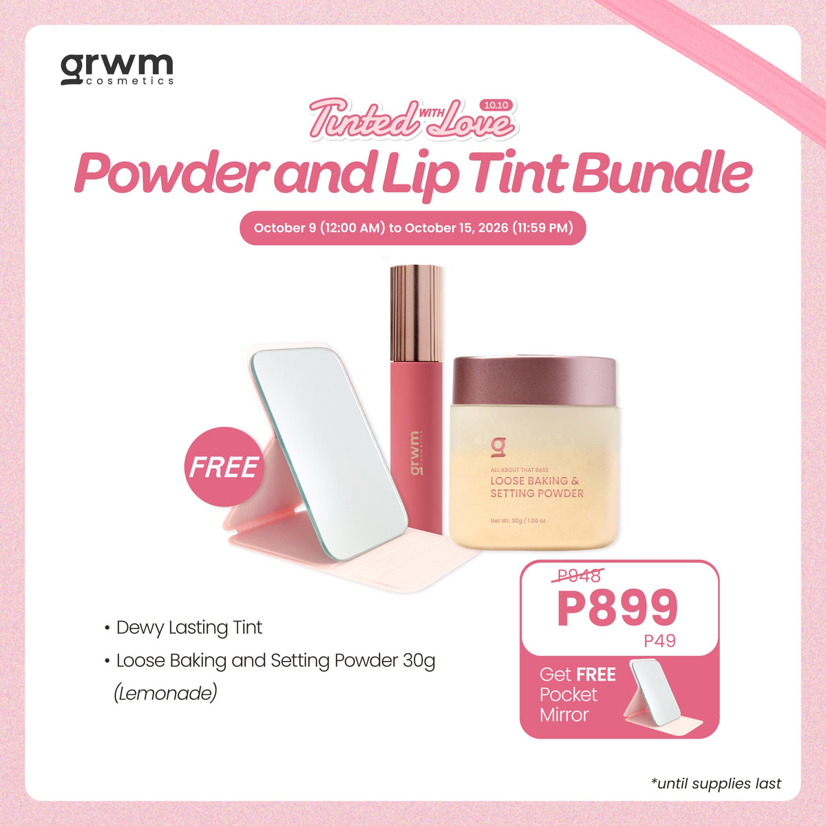 GRWM Cosmetics Powder and Lip Tint Bundle - Dewy Lasting Tint + Loose Powder 30g