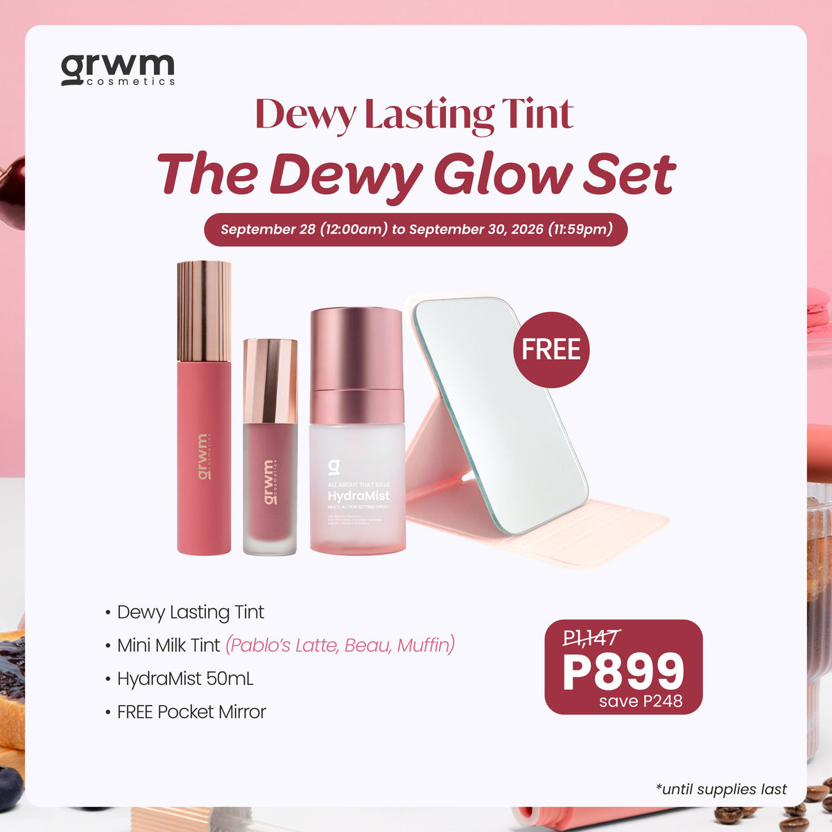 [Bundle] GRWM Cosmetics The Dewy Glow Set - Dewy Lasting Tint + Mini Milk Tint + Hydramist